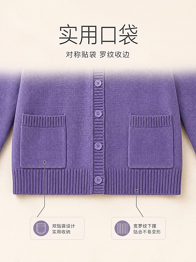 [商品] 使用【图1】紫色V领针织开衫毛衣；商品处理：保留双贴袋、下摆罗纹、紫色颜色和针织面料；自然去除口袋和下摆处褶皱，增强口袋缝线和下摆罗纹纹理质感，不改变版型和结构。
[画面] 目标展示口袋与下摆罗纹工艺，画面下半部分为毛衣下摆和双口袋正面特写，毛衣占画面70%，清晰展示左右对称双贴袋设计和下摆宽罗纹收边；背景为浅米色哑光台面，柔和顶光均匀照射，画面干净简约。
[视觉] 套系策略：风格=极简高级商业摄影；标题字=现代无衬线细体；正文字=简洁无衬线体；主色=香芋紫；背景延展=浅米白+浅灰渐变、细腻纸张/哑光质感；强调色=深紫灰，仅用于小面积引线和标签；标题色=深炭灰；正文色=中暖灰；组件=细线引线、圆角浅底信息卡；光影=左前侧柔和自然光。
[文字] 上方留白放主标题「实用口袋」，副标题「对称贴袋 罗纹收边」，下方配2个短卖点引线标注「双贴袋设计 实用收纳」「宽罗纹下摆 贴合不易变形」，文字不遮挡口袋和下摆。
[规格] 图片比例3:4竖版，4K，负向提示：避免人物、手部、模特、变形、错字、文字过小、冷蓝背景、衣服颜色改变、版型失真、口袋不对称。