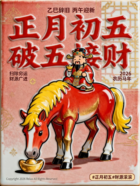 主体为灵动国潮风卡通骏马（低头俯身，前蹄踩着元宝，背上驮着财神爷，马身以红金渐变为主色调，鬃毛点缀亮黄色），背景是浅朱红色底纹叠加淡金色窗花暗纹，画面中央放加粗红色书法字体主文案 “正月初五 破五接财预览效果