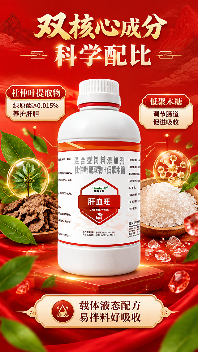 [商品] 使用【图1】肝血旺混合型饲料添加剂白色塑料瓶；保留瓶身完整结构、标签文字、Logo、颜色材质；产品居中展示，标签正面清晰。
[画面] 目标：核心成分解析页，展示杜仲叶提取物与低聚木糖双成分，色调更红更亮。构图：产品居中占画面45%，周围环绕原料元素（杜仲叶、木糖晶体、植物提取物示意），上下分布成分说明卡。景别：中景+微距元素。阅读动线：顶部主标题→中部产品→四周成分引线→底部成分总结。前中后景：前景飘散的杜仲叶与红色晶体颗粒，中景产品主体+成分图标，后景大红渐变纹理背景，整体明亮饱和。
[视觉] 套系策略：风格=国风大红商业摄影，高饱和亮红色调，参考红八珍详情页的大字标题+原料环绕+渐变背景手法；标题字=粗黑体+宋体组合，大字醒目；正文字=简洁无衬线黑体；主色=大红色（比原标签更红更亮，高饱和正红）；背景延展=基于大红色做深浅渐变、同色山水纹理、亮面纸张质感，整体明亮不暗淡；强调色=金黄色，仅用于小面积图标、引线、标签和光效；标题色=米白+金黄；正文色=深红；组件=圆角信息卡、细线引线、国风印章式标签；光影=左前侧暖亮柔光，产品立体感强，整体画面亮堂通透。
[文字] 顶部主标题"双核心成分 科学配比"；左侧引线标注"杜仲叶提取物"+说明"绿原酸≥0.015% 养护肝胆"；右侧引线标注"低聚木糖"+说明"调节肠道 促进吸收"；底部补充"载体液态配方 易拌料好吸收"。
[规格] 淘宝/天猫详情页单屏9:16竖版，4K分辨率，负向提示：避免变形、错字、文字模糊、暗淡灰调、暗棕背景、产品颜色改变、标签文字错乱、虚构成分含量。