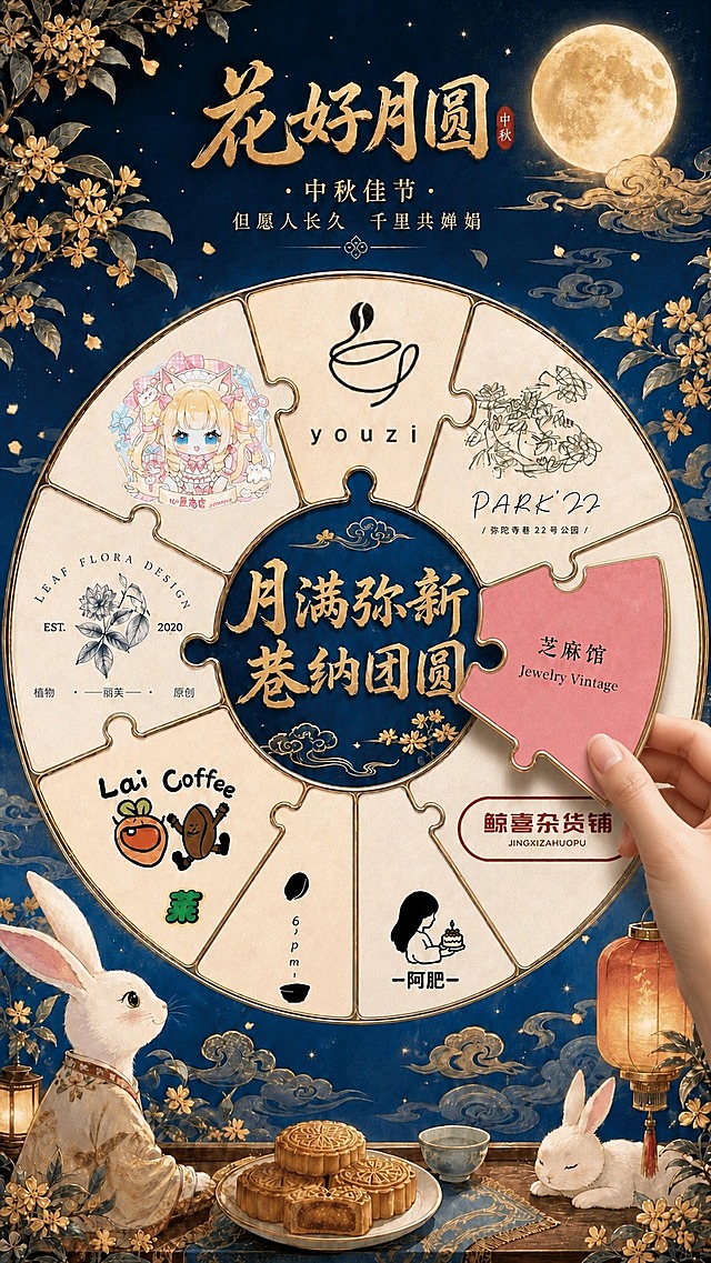 以这张中秋圆形拼图海报为主体，生成一只手正拿着其中一块拼图（芝麻馆粉色那块）正要拼上去完成完整拼图的效果图，拼图悬浮在对应缺口上方，手部动作自然，光影真实，整体保持原图的中秋国风质感，深蓝色夜空背景，桂花、月亮、玉兔、月饼等元素保留，画面精致细腻，氛围感强