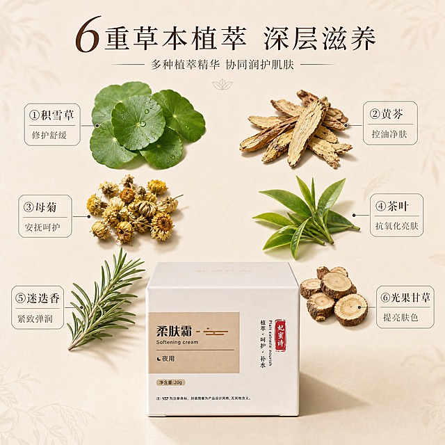 [主图-2] 核心成分解析，突出多种草本植萃萃取成分及其对应功效，专业可信。
[统一基调] 整体风格为纯净植萃天然风，背景主色为奶油米白+浅香槟金，标题字色为深棕褐色，辅助字色为暖灰色，强调色为草木绿，字体选用干净优雅的细衬线体，字号层级分明，卡片与图标采用极简细线+圆角样式，整体通透高级。
[画面] 产品包装盒（妃蜜诗柔肤霜）放置在画面底部中央，占画面约30%，正面展示。画面中上部环绕展示6种核心草本成分原料实物，每种成分配细线引线指向对应的功效标签：①积雪草（修护舒缓）②黄芩（控油净肤）③母菊（安抚呵护）④茶叶（抗氧化亮肤）⑤迷迭香（紧致弹润）⑥光果甘草（提亮肤色）。成分原料以真实植物形态呈现：积雪草叶片堆叠、黄芩切片、母菊花苞、茶叶嫩芽、迷迭香枝条、光果甘草根部切片，错落分布在产品上方，形成半圆形环绕。背景为纯净的浅米色，带有细微的植物纹理暗纹。
[光影质感] 商业静物摄影质感，顶光+前侧柔光，每种植物原料都有清晰的纹理和自然阴影，成分与产品之间光影统一，整体画面干净专业。
[配色] 奶油米白背景 + 草木绿植物主色 + 深棕标题字 + 暖灰说明字 + 细线深灰引线。
[文字版式] 画面顶部居中主标题大字「6重草本植萃 深层滋养」，每种成分旁配小圆角标签，标签内上方为成分名称（稍大），下方为功效（稍小），文字均为细衬线体，排版整齐不拥挤。
[输出要求] 1:1正方形比例，文字清晰可读，产品清晰不变形，无错字，无水印，无平台Logo，无生产厂家信息，成分展示专业可信。
