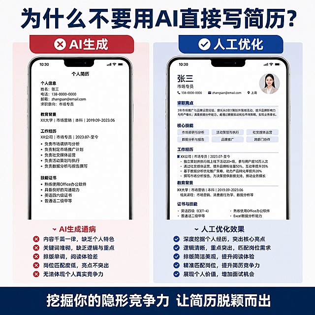 [主图-2] 成果对比转化图，展示纯人工优势
[氛围风格] 简约对比版式，专业商务风，清晰直观
[画质] 高清设计质感，对比明确，文字清晰
[元素] 画面平均分为左右两栏，左栏展示AI生成简历问题：手机屏幕截图，简历内容千篇一律，关键词堆砌，排版死板，标注"AI生成通病"；右栏展示我们的服务成果：同一份经历，纯人工优化后逻辑清晰，重点突出，排版层次分明，岗位匹配度高，标注"人工优化效果"。两栏上方有统一标题，底部有总结文案，整体排版工整。商品主体占比约80%，满屏无边框
[光影] 左右两栏光线均匀一致，对比区域清晰，无光影干扰
[配色] 浅灰色背景，左栏浅红色调警示，右栏深蓝色调突出，黑白文字对比清晰
[视角构图] 对称平分对比构图，直观清晰
[文字版式] 顶部通栏主标题深蓝色粗体"为什么不要用AI直接写简历？"，左右栏分别标注"AI生成"和"人工优化"，底部总结文案深蓝色块白色字"挖掘你的隐形竞争力 让简历脱颖而出"，字号对比清晰，排版规整
[输出要求] 1:1比例，文字清晰可辨，超高清设计质感
[负向提示词] 变形，文字错乱，背景杂乱，水印，电商平台Logo，绝对化违禁词，联系方式