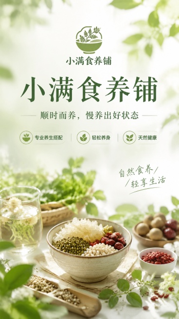自然养生品牌宣传海报，写实商业摄影风格，主标题"小满食养铺"，副标题"顺时而养，慢养出好状态"，卖点标签"专业养生搭配" "轻松养身" "天然健康"，点缀文案"自然食养/轻享生活"，画面加入logo小预览效果