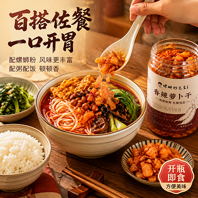 [主图-4] 食用场景 佐餐搭配 生活方式
[统一基调] 暖调国风食欲感 背景主色暖棕红渐变 标题字色米白加粗 辅助字色浅金 强调色朱红 主标题粗笔刷书法字 辅助文案清爽黑体 卡片圆角半透明 整体专业品质 淘宝天猫风格
[画面] 家庭餐桌场景 俯视角 中间一碗热气腾腾的螺蛳粉 旁边放着一罐香辣萝卜干 罐子打开 旁边小碟盛有萝卜干 桌上还有一碗白米饭 一碟青菜 一双筷子 一只手正用勺子舀萝卜干加到螺蛳粉里 动态自然 背景是温馨的厨房餐桌环境 暖黄色灯光 产品罐在画面右侧 标签清晰可见 整体营造日常佐餐的生活感
[光影质感] 暖色调室内自然光 温馨柔和 食物表面有自然光泽 人物手部自然不僵硬 场景真实有代入感
[配色] 整体暖黄暖棕色调 螺蛳粉红汤 萝卜干红油 米饭白色 丰富和谐 食欲感强
[文字版式] 左上角主标题 百搭佐餐 一口开胃 粗笔刷书法字 深棕色 下方两行小字 配螺蛳粉 风味更丰富 配粥配饭 顿顿香 右下角小标识 开瓶即食 方便美味
[输出要求] 1:1正方形 2048px 文字清晰可读 产品标签完整 手部自然无畸形 禁止变形错字模糊杂乱水印平台Logo 禁止绝对化用语