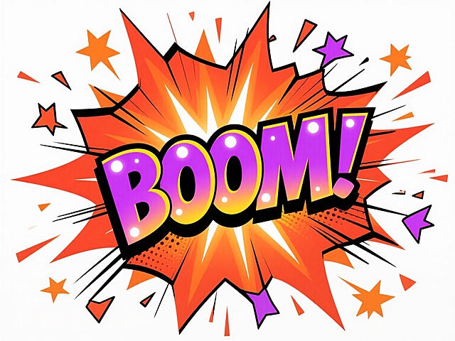 俯视视角，漫画风格特写，霓虹紫色与荧光黄色交织的"BOOM!"字样从破裂的漫画对话框中喷涌而出，字体棱角分明且带有动态速度线，黑色粗描边内嵌着闪烁的白色光点，背景是层层递进的橙红色爆炸波纹与飞溅的星形碎片，中心区域的强光形成放射状眩光效果，整体构图呈现强烈的向外扩张感，白色背景使所有元素如同从纸面弹出般充满张力，完美捕捉到惊喜瞬间的爆发力与视觉冲击。