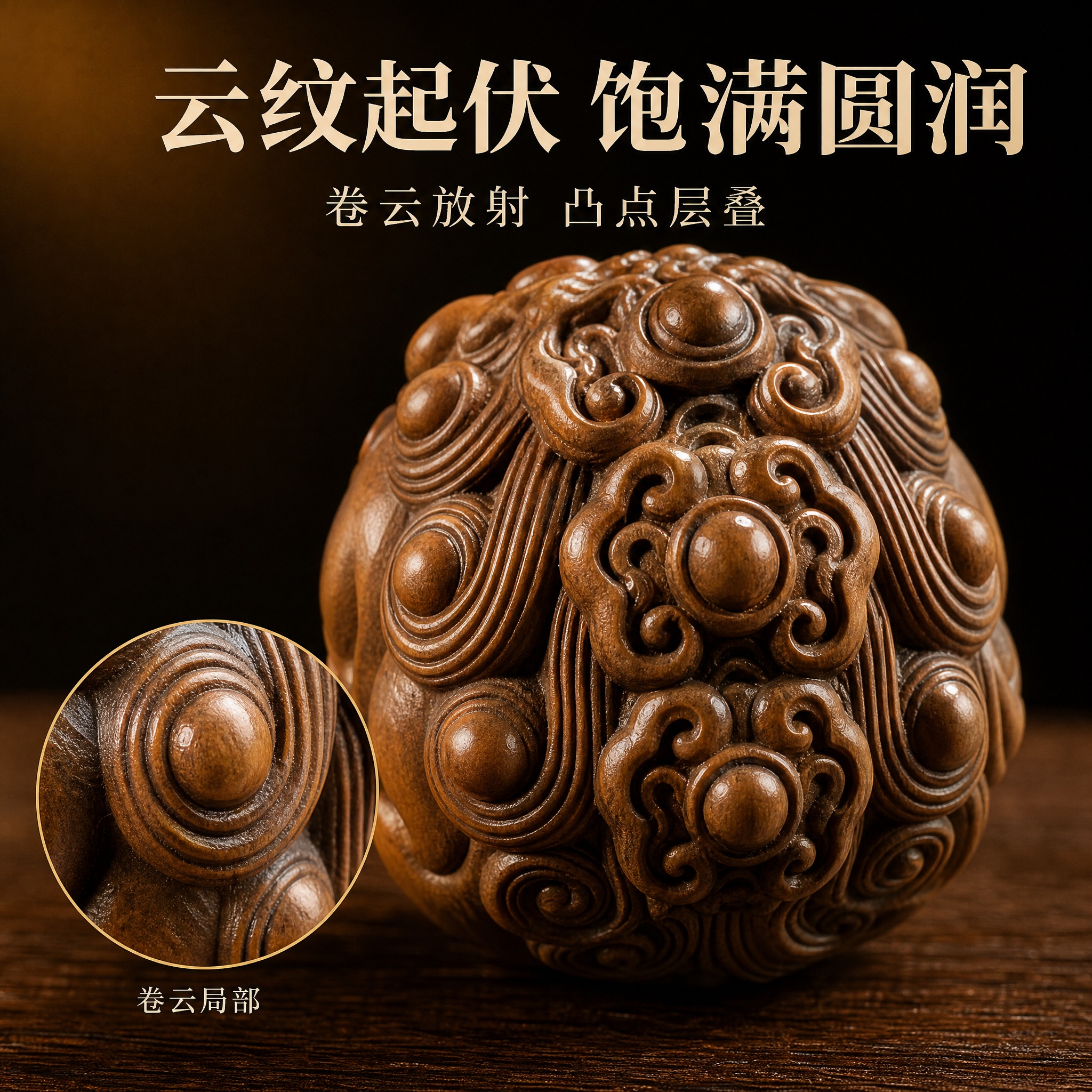 [主图-4 背面纹样微距] 拼多多 1:1 图：黄杨木雕「貔貅… - 图片创意预览