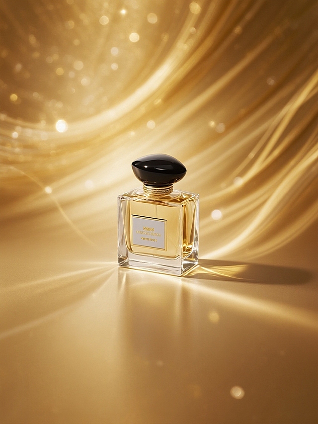 以暖金色为基调，用流动金色线条、朦胧光斑做背景，强化精致光影效果，聚焦瓶身，奢华高端质感，突出光影对瓶身光泽和立体感的塑造 。