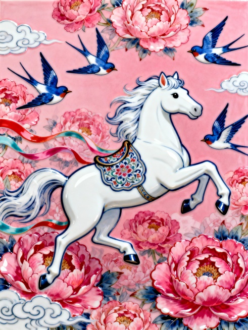 Q版卡通风格。主体是一匹造型优雅的纯白骏马（宝相花纹的马鞍，腾空飞跃，毛发飘逸），几只蓝白相间的燕子围绕着马匹飞舞。穿插流线型彩带（带有动感），背景由多层绚丽的大面积盛开的粉色牡丹花构成，点缀祥云，粉预览效果