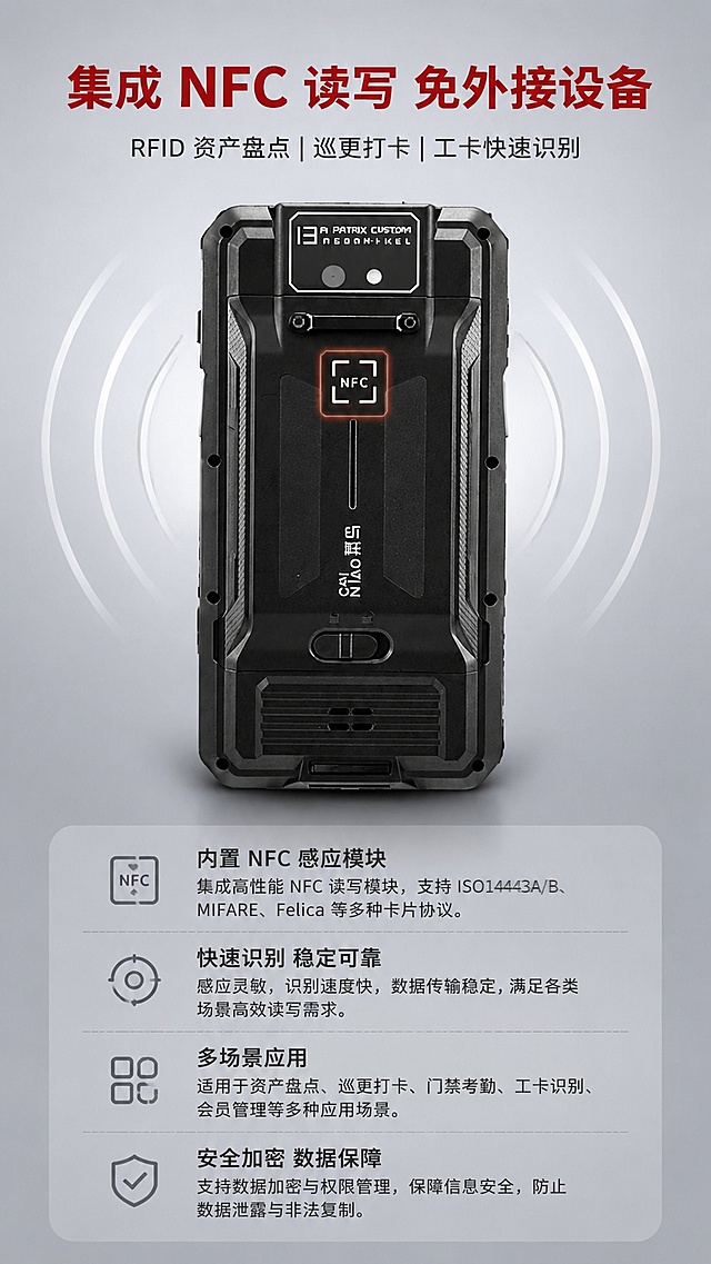 [第5屏] 内置NFC感应模块功能介绍，讲解PDA集成NFC读写能力。本屏使用【图1】展示NFC标识位置。
[氛围/风格] 科技简约风，突出功能模块，清晰专业。
[元素布局] PDA背面NFC标识区域放在画面中心，占比约65%，NFC模块位置和外观和输入产品一致，下方安排文字介绍。背景灰色渐变，增加NFC感应波纹装饰效果。
[光影质感] 均匀打光，NFC标识清晰突出，机身纹理质感真实，自然阴影增加层次感。
[配色色系] 灰色渐变背景，红色大标题，深灰色说明文字，保持整体配色统一。
[视角构图] 中心特写构图，聚焦NFC感应区，阅读动线从上到下。
[文字版式] 顶部红色大标题「集成 NFC 读写 免外接设备」，副标题「RFID 资产盘点｜巡更打卡｜工卡快速识别」，文字排版整齐，不遮挡核心功能展示。
[比例分辨率] 9:16竖版比例，4K分辨率，高清画质。
[负向提示词] 产品结构变形，标识错位，文字模糊，颜色偏差。