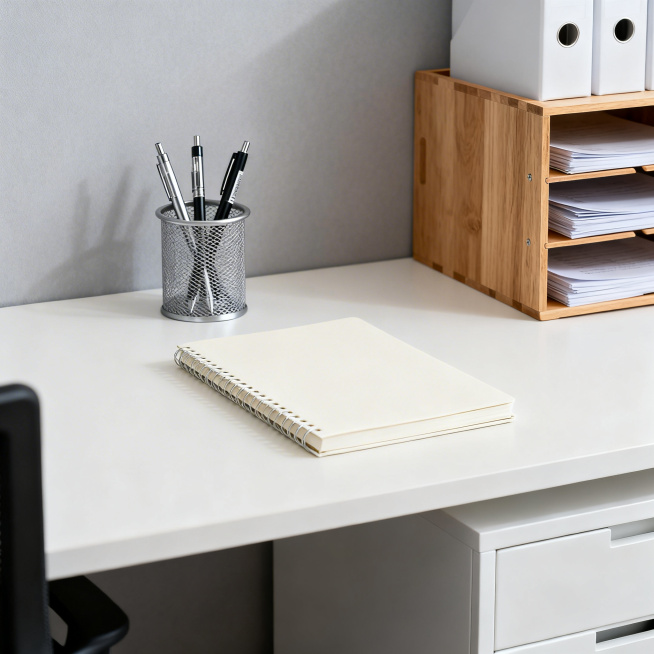 真实办公场景，简约整洁的办公桌面职场办公区背景，爆款笔插在收纳盒中，笔记本放在桌面，收纳架摆放着文件，做规整摆放与实用状态特写，光线明亮自然，无杂乱办公元素，突出产品的办公适配性与高效实用属性预览效果