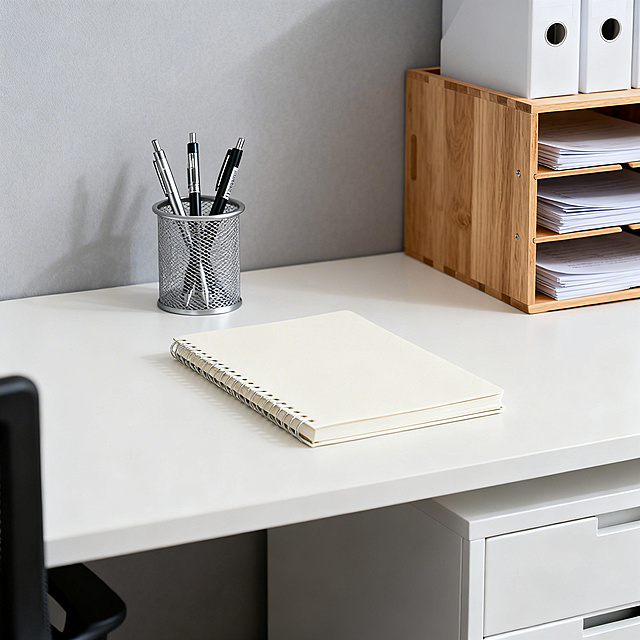 真实办公场景，简约整洁的办公桌面职场办公区背景，爆款笔插在收纳盒中，笔记本放在桌面，收纳架摆放着文件，做规整摆放与实用状态特写，光线明亮自然，无杂乱办公元素，突出产品的办公适配性与高效实用属性