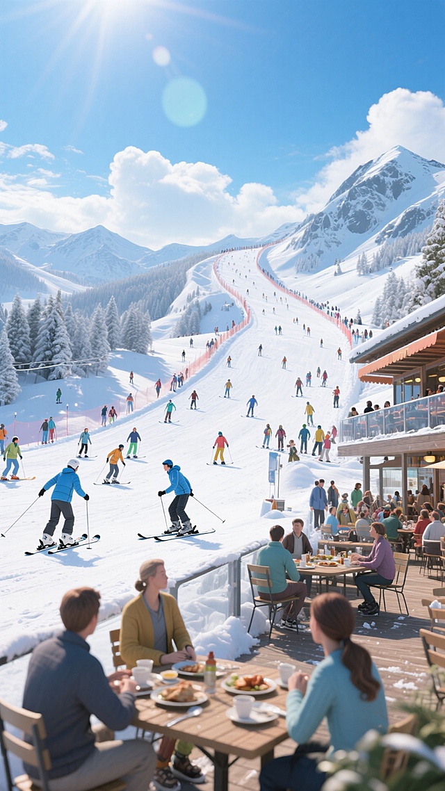 滑雪场午后场景，蓝天白云，雪道上人流密集，初学者在教练指导下练习，山脚设有餐厅露台，有人在用餐观景。