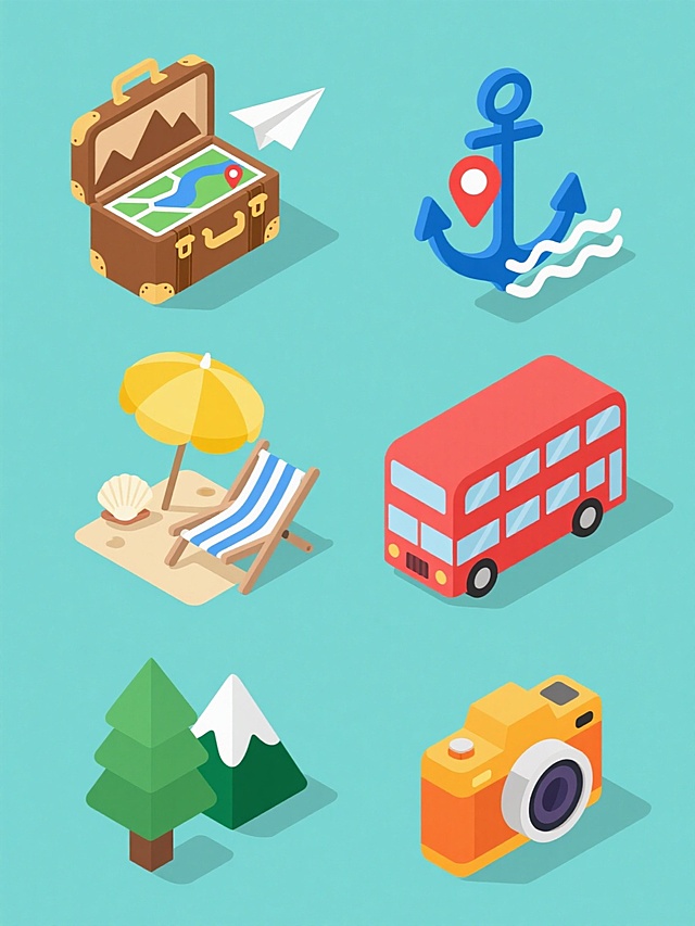 扁平化风格旅行主题系列图标集合，六个完全不同的旅行元素规整排布在纯色背景上，保持统一的简约线条、几何色块构成和明亮清新的配色方案。元素包括：1. 棕色皮质手提箱敞开露出绿色旅行地图，地图上有蓝色河流、棕色山地和两个红色定位标记，旁边点缀白色纸飞机；2. 蓝色船锚与波浪线条组合；3. 黄色太阳伞下的沙滩躺椅和贝壳；4. 红色双层巴士侧面视图；5. 绿色松树与雪山剪影；6. 橙色相机镜头与胶片图案。所有元素均采用相同的等距视角、简洁造型和轻微投影效果，整体呈现协调一致的旅行氛围与设计语言。