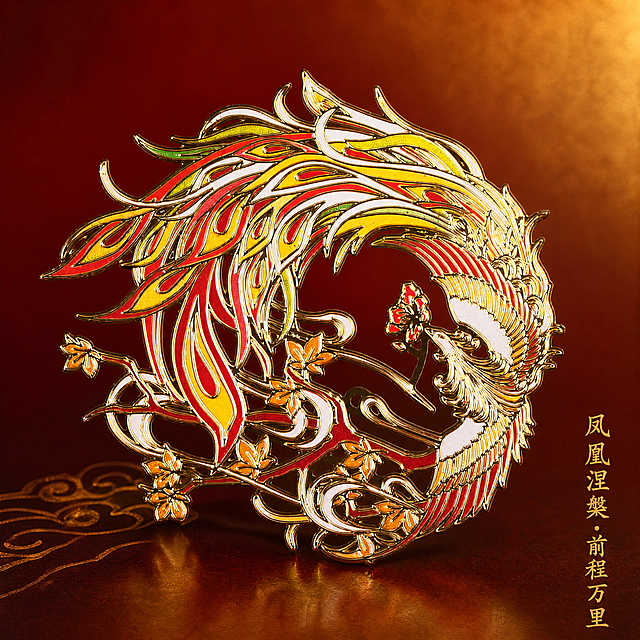 [主图] 凤凰金属书签国风饰品电商主图；
[氛围风格] 中国古风华贵风格，宫廷高级感，华贵典雅；
[画质] 商业摄影质感，产品清晰真实，画面干净高级，超高清；
[元素] 产品主体为凤凰金属书签，保持凤凰书签外观、镂空结构、金属珐琅质感、颜色与输入产品图绝对一致，杜绝任何变形和色差，精细化处理。背景是深红色渐变到暗金色，带有淡淡的光泽质感，符合高级宫廷氛围。画面右下角放置竖排文字"凤凰涅槃·前程万里"，字体使用楷体。商品主体占比严格控制在60%-80%之间，画面满屏无边框。
[光影] 柔光箱高光加轮廓光体现金属材质，金属边缘通透干净，高光自然不溢出，暗部保留清晰层次，体现金属与珐琅的精致质感；背景渐变处带有淡淡的光泽感，整体光线柔和通透。
[配色] 主色调深红渐变到暗金，保留凤凰金属书签本身红、黄、金的原有色彩，整体华贵典雅。
[文字版式] 右下角竖排排列文字"凤凰涅槃·前程万里"，楷体字体，金色文字和深色背景形成强烈对比，清晰易读，不遮挡产品主体。
[视角构图] 平视拍摄，凤凰书签居中，产品完整不裁切，景深适中，视觉焦点集中在产品上。
[比例分辨率] 1:1比例，4K分辨率，文字清晰锐利可辨；
[负向提示词] 变形，水印，文字错乱，产品图模糊，背景杂乱，廉价塑料感，文字遮挡产品主体
