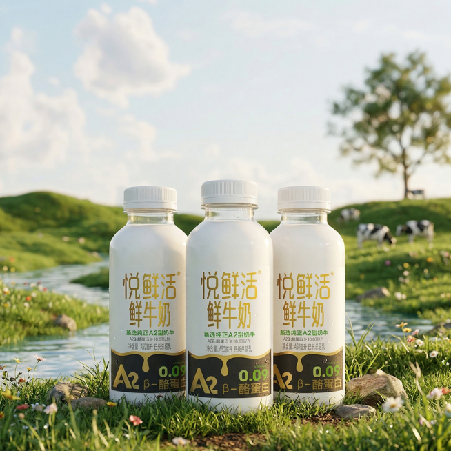 将图中的悦鲜活鲜牛奶产品融入自然清新的牧场户外环境中，生成与场景匹配的真实自然光影效果，整体画面和谐真实，质感自然预览效果