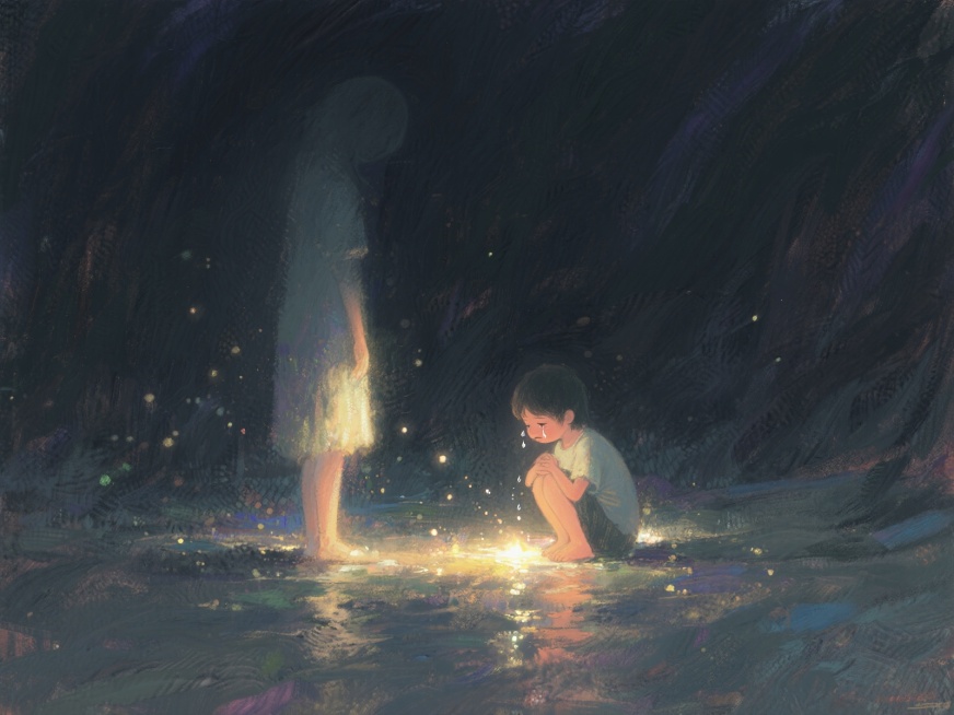 画面中，过去的自己身处一片深邃的黑暗之中，轮廓模糊，只能隐约看到身形，他/她静静地站立着，仿佛被黑暗笼罩。在远处，有一束微弱的光芒照亮了小时候的自己，那个小小的身影正蹲在地上，肩膀微微耸动，无声地哭泣预览效果