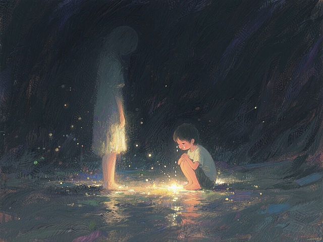 画面中，过去的自己身处一片深邃的黑暗之中，轮廓模糊，只能隐约看到身形，他/她静静地站立着，仿佛被黑暗笼罩。在远处，有一束微弱的光芒照亮了小时候的自己，那个小小的身影正蹲在地上，肩膀微微耸动，无声地哭泣着，脸上挂着晶莹的泪珠，充满了委屈和无助。整个场景营造出一种孤独、悲伤又带着一丝回忆的氛围，色调以暗色系为主，只有小时候的自己周围有一点温暖的微光