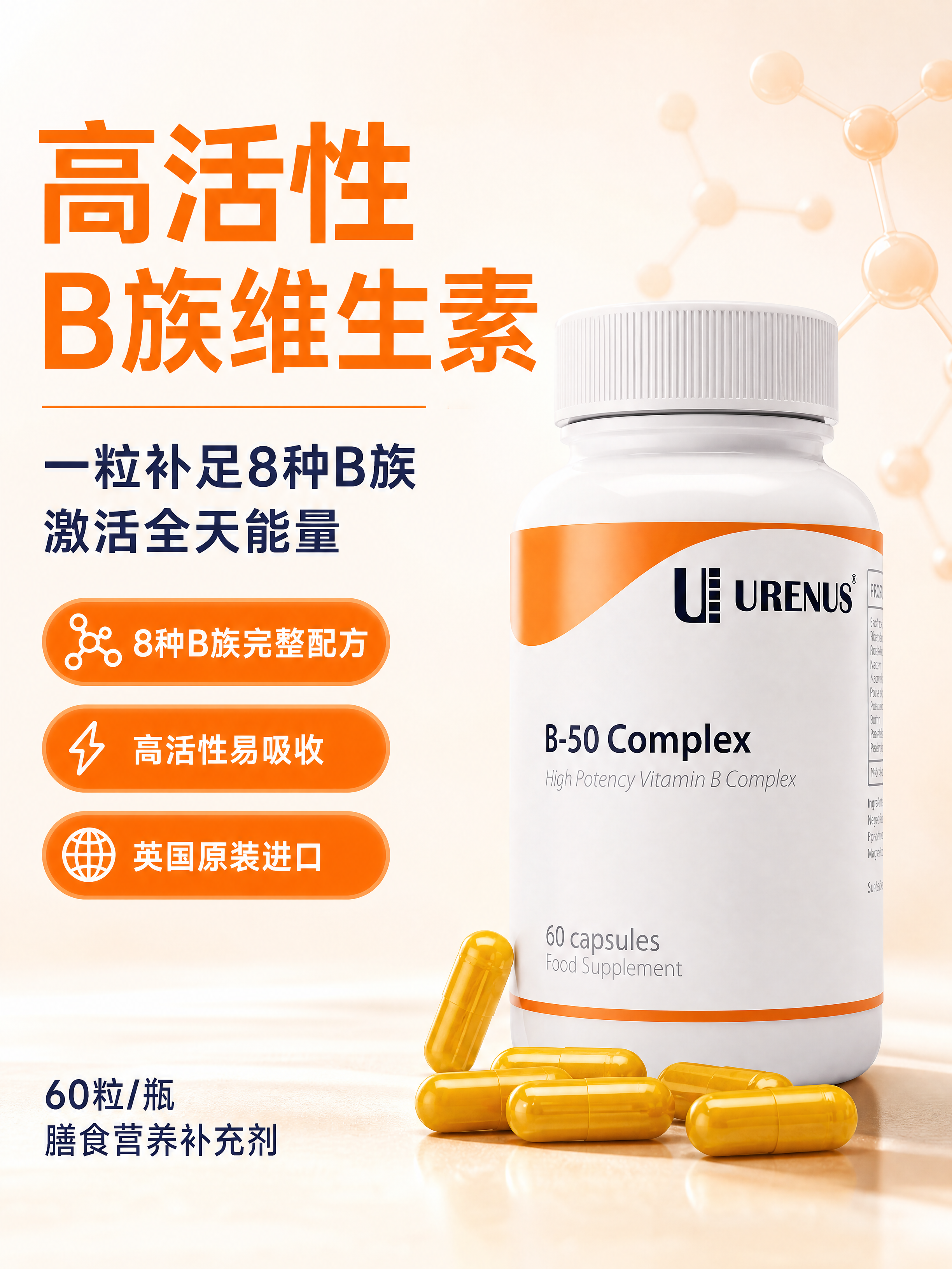 电商详情页主图海报，URENUS B-50复合维生素B族胶囊产… - 图片创意预览