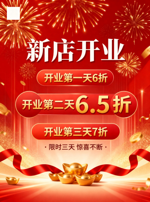 去掉图片左下角的日期文字和右下角的地址文字，在左上角留出空位置放置logo，保持整体喜庆红金开业风格不变，其他折扣文字和设计元素保留预览效果
