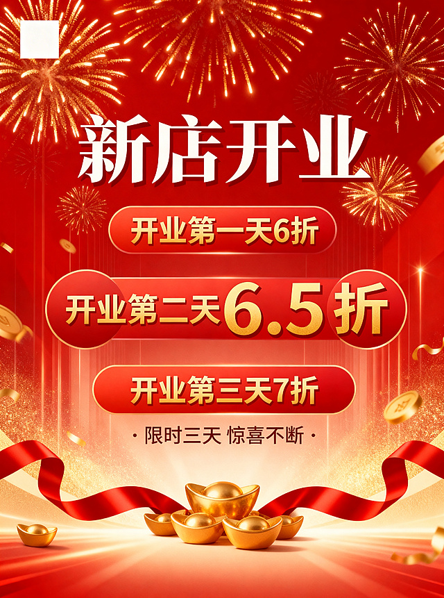去掉图片左下角的日期文字和右下角的地址文字，在左上角留出空位置放置logo，保持整体喜庆红金开业风格不变，其他折扣文字和设计元素保留