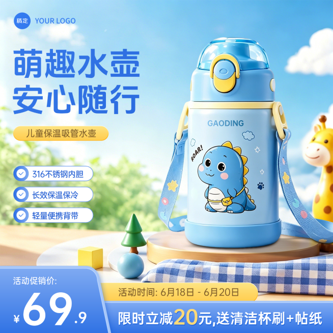 儿童水壶水杯卡通水杯电商零售主图直通车预览效果
