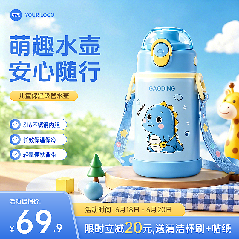 儿童水壶水杯卡通水杯电商零售主图直通车