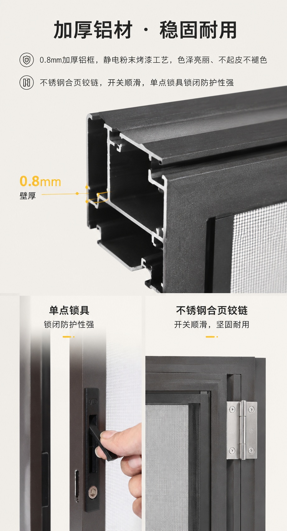 [第7屏] 核心卖点展示页，突出0.8mm加厚铝材与不锈钢五金… - 图片创意预览