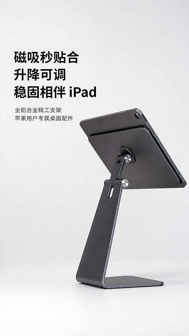 [第1屏] 详情页首屏主视觉图-铝合金磁吸平板支架iPad桌面支架商品宣传海报。
[氛围/风格] 简约高级科技风，浅灰渐变背景，商业摄影质感，画面简洁专业，突出产品质感。
[元素布局] 使用【图1】作为商品主体，保留原产品的物理结构、轮廓比例、关键部件、深灰色全铝合金材质质感不变，产品放置在画面右侧偏中区域，占据画面约65%-70%的主体位置，背景为浅灰渐变纯色干净背景，左侧预留充足的文字区域不遮挡产品主体。
[光影质感] 左侧柔和主光照亮支架和iPad机身，右侧自然投影，金属转轴位置保留清晰金属高光，整体明暗层次清晰，产品边缘真实锐利。
[配色色系] 全局底色：#f5f5f5（浅灰）；主体配色：#555555（深灰支架）+#444444（iPad深灰）；文字颜色：主标题黑色，副标题深灰色，文字清晰对比明显。
[视角构图] 45度斜侧视角，景深适中，产品主体位置稳定，左侧文字阅读动线顺畅，整体构图平衡。
[文字版式] 左侧上下排版：主标题在上，副标题在下，主标题文字为"磁吸秒贴合 升降可调 稳固相伴 iPad"，字号大且加粗，左对齐；副标题文字为"全铝合金精工支架 苹果用户专属桌面配件"，字号略小于主标题，左对齐放在主标题下方，文字不遮挡产品主体，整体排版简洁高级，符合天猫电商详情页首屏设计规范。
[比例分辨率] 9:16竖版，4K分辨率，文字清晰可辨，超高清。
[负向提示词] 产品结构变形，颜色偏差，文字错乱，产品模糊，背景杂乱，水印，缺件错件，结构错误，文字遮挡主体。
