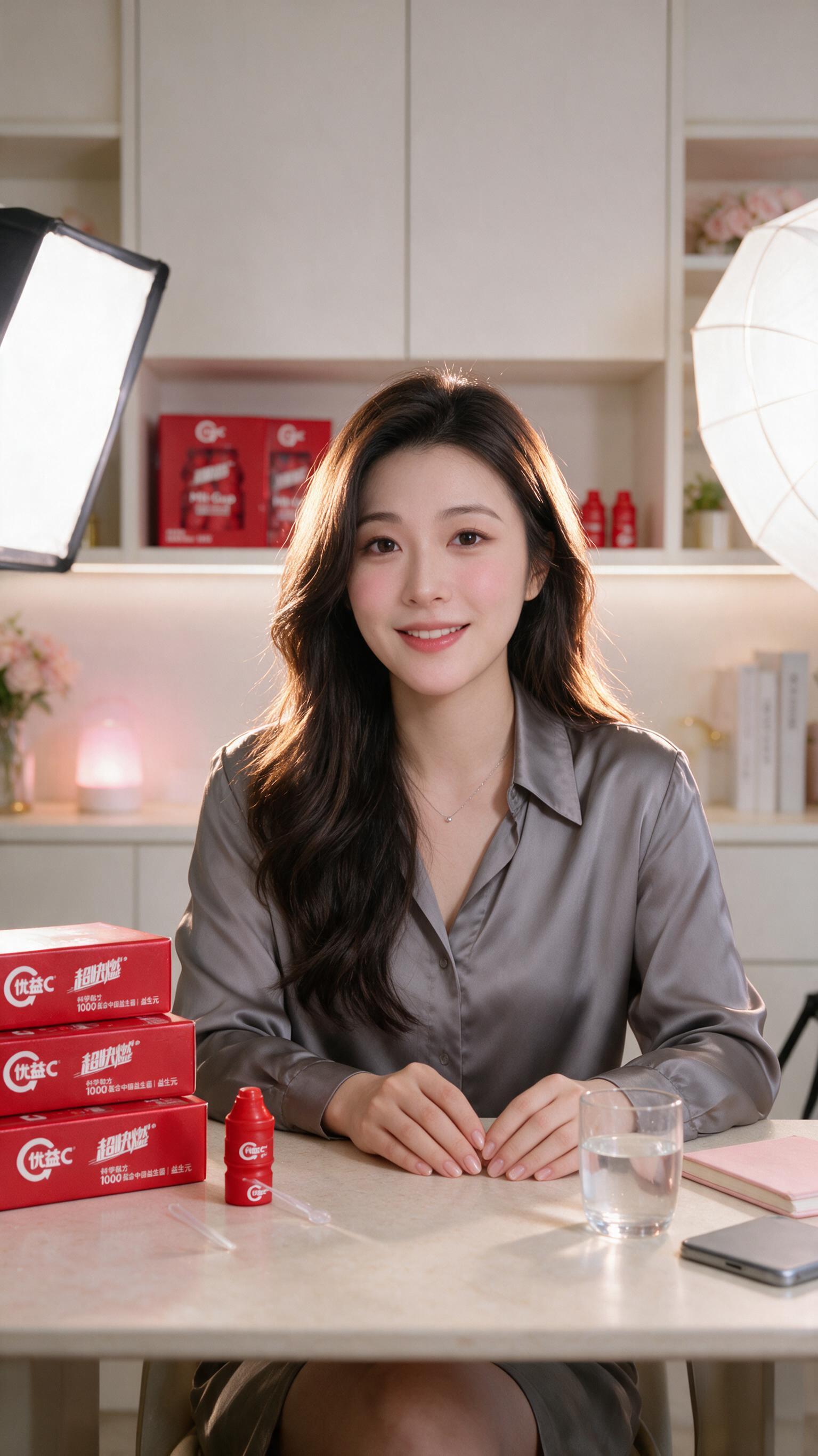 参考第一张图女主的五官和形象，主播坐在浅杏色岩板桌前，对着镜头… - 图片创意预览