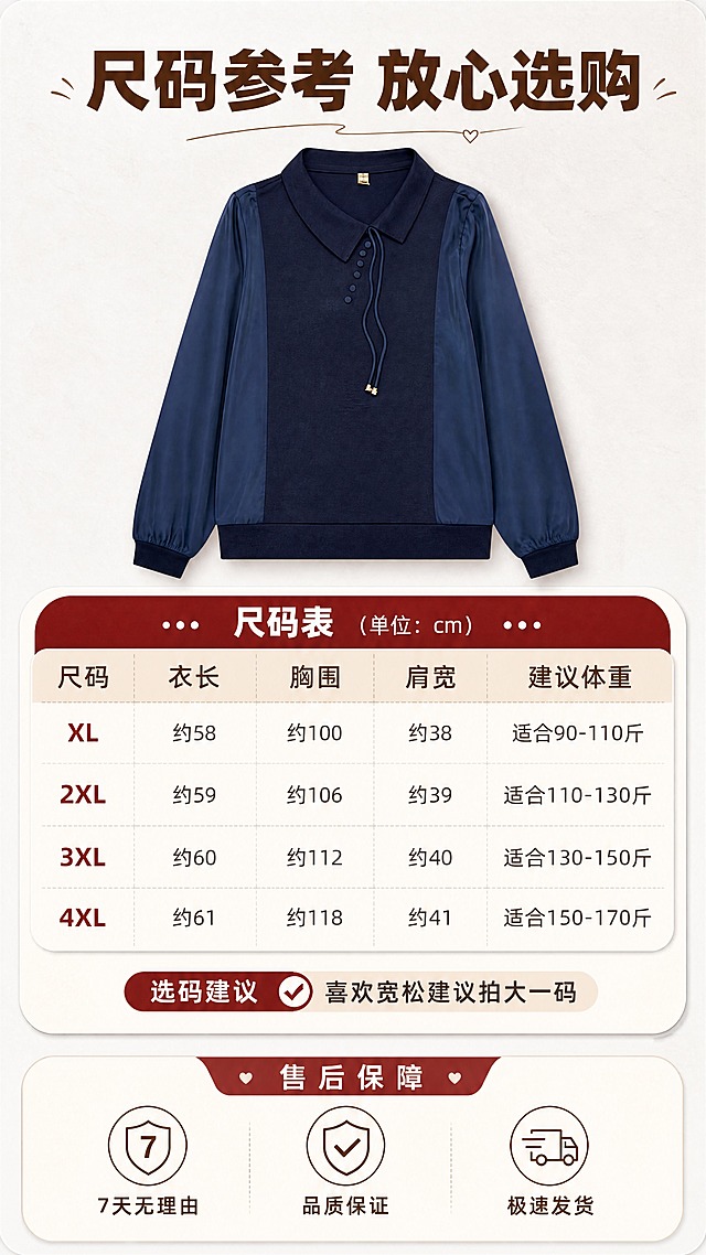 [商品] 使用【图2】藏青色不规则翻领拼接长袖针织上衣；商品处理：保留不规则翻领、抽绳装饰扣、缎面拼接袖、罗纹收口、版型结构和藏青色原貌；自然去除衣身杂乱褶皱，理顺垂坠，增强针织纹理、缎面光泽和缝线质感，不改变版型和颜色。
[画面] 目标：尺码与选购信息页，尺码表+选码建议+售后保障。构图：竖版9:16，上方30%展示藏青色上衣正面小图；中间50%为尺码表格；下方20%为售后保障信息。背景：浅灰蓝简约背景，纸张质感信息卡承载表格。
[视觉] 套系策略：风格=拼多多接地气温馨商业风；标题字=粗黑体醒目大字；正文字=清晰圆体；主色=暖咖棕；背景延展=同色系深浅渐变、细腻纸张质感；强调色=酒红色，仅用于小面积标签和表头高亮；标题色=深咖棕；正文色=深灰棕；组件=圆角表格、细线分隔、勾选图标；光影=正面柔光，清晰易读。
[文字] 顶部主标题"尺码参考 放心选购"，尺码表含字段：尺码、衣长、胸围、肩宽、建议体重（XL/2XL/3XL/4XL四档，用约/适合表述，不虚构精确数值）；选码建议"喜欢宽松建议拍大一码"；底部售后保障三图标："7天无理由""品质保证""极速发货"，文字全部横排，清晰易读。
[规格] 图片比例9:16竖版，分辨率4K，质量medium。避免变形、错字、文字过小、冷蓝背景、衣服颜色改变、版型失真、极限词、平台Logo。