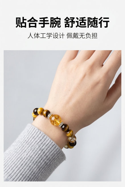 2:3竖版电商详情图，严格还原上传的多宝水晶手链（财富密码金虎眼款）产品图，包括金虎眼、黄虎眼、茶晶、黄阿塞、黄塔晶等水晶珠的颜色、通透质感、镶钻隔片的金属光泽等所有细节，产品外观必须与参考图完全一致预览效果