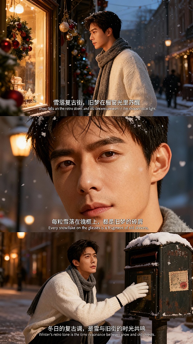 美式复古风与胶片质感交织，雪夜街景中光影温柔流淌，人物神情细腻传递浪漫故事感，实景拍摄营造沉浸式文艺氛围。
