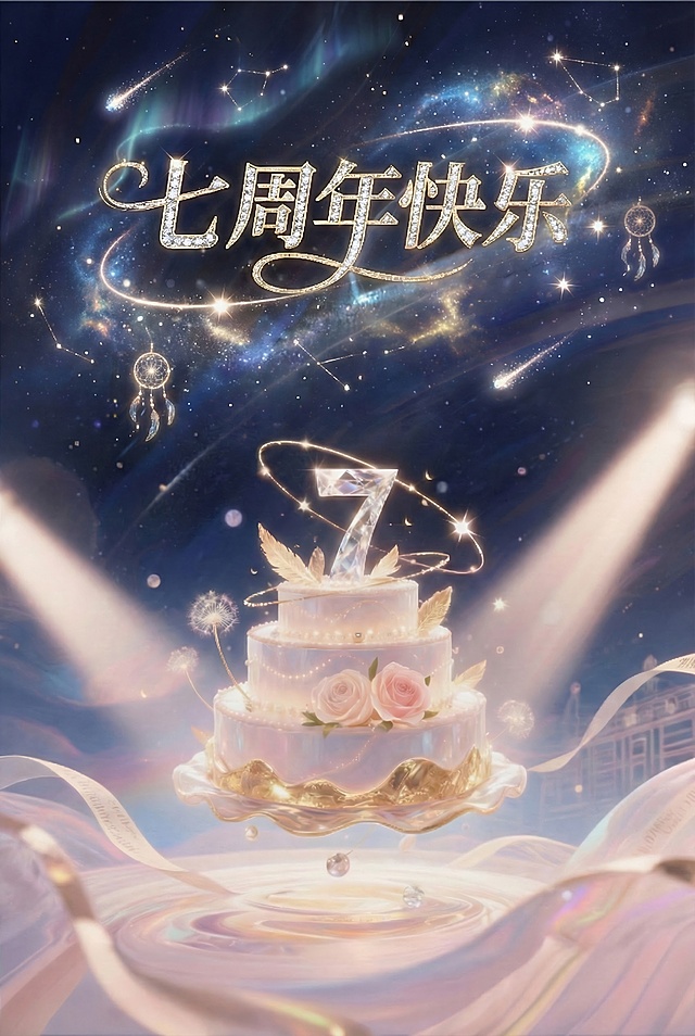 1. 色彩架构
▸ 主色阶：雾霭香槟金 → 蔷薇星云粉 → 银河釉蓝的渐变交融
▸ 高光色：月光珍珠白 | 幻彩极光（局部折射）
▸ 暗部：丝绒紫灰底色，带有微光星点

2. 中心艺术装置

七层悬浮蛋糕结构：
→ 底层：流动的液态金箔波纹
→ 中层：半透明水晶糖霜材质，内嵌绽放的发光玫瑰
→ 顶层：旋转的星轨圆环，托起巨大的钻石糖“7”字形雕塑

环绕元素：
→ 飘散的金色羽毛与发光蒲公英
→ 动态光粒如萤火虫般螺旋上升
→ 极细的铂金丝线牵引着微小星球

3. 背景梦境层

星空处理：柔焦光斑与细腻星云，采用印象派笔触

光影特效：
→ 两道交叉的柔光追光灯束穿透场景
→ 多层次的光晕扩散（采用虹彩衍射效果）
→ 前景添加半透明薄纱质感滤镜层

4. 品牌融合区

酒店建筑轮廓以水晶线稿形式隐现于背景深处

缎带状光带绕行画面，承载定制文字信息

✨ 特色梦幻细节
动态感设计：所有悬浮元素均有上扬趋势，营造轻盈梦境

材质碰撞：
→ 坚硬的晶体与柔软的羽毛
→ 流动的金液与凝固的糖霜

光影魔术：采用“丁达尔效应”光线，可视化的光之路径

📱 多场景适配方案
庆典主视觉：保留完整细节，中心蛋糕塔突出

社交海报：强化顶部星云与底部信息区对比

邀请函封面：聚焦蛋糕中上部的精致结构

周边衍生：可提取羽毛、星轨等元素作为图案基底

🎭 情绪传达
比“庆祝”更轻盈，比“华丽”更飘渺
在现实与梦境的边界，赴一场七年一瞬的鎏金之约