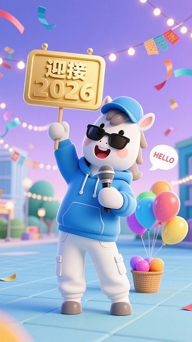 软3D风卡通马拟人形象，手持“迎接2026”金色标牌，搭配节日彩灯与气球，喜庆感十足，充满新年氛围。