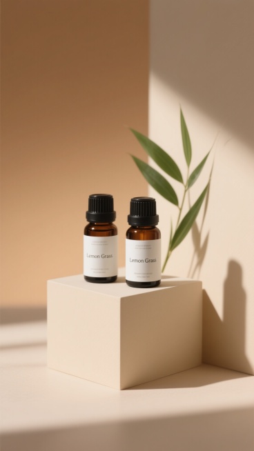 简约高级的产品展览场景，两个棕色玻璃精油瓶带有黑色瓶盖和白色标签，标签上有“Lemon Grass”字样，放置在米色几何造型展示台上，柔和的侧光投射出植物叶片的阴影，背景为温暖的米棕色渐变，整体呈现宁静自然的氛围，光影层次分明，质感细腻，极简主义风格，突出产品主体。预览效果