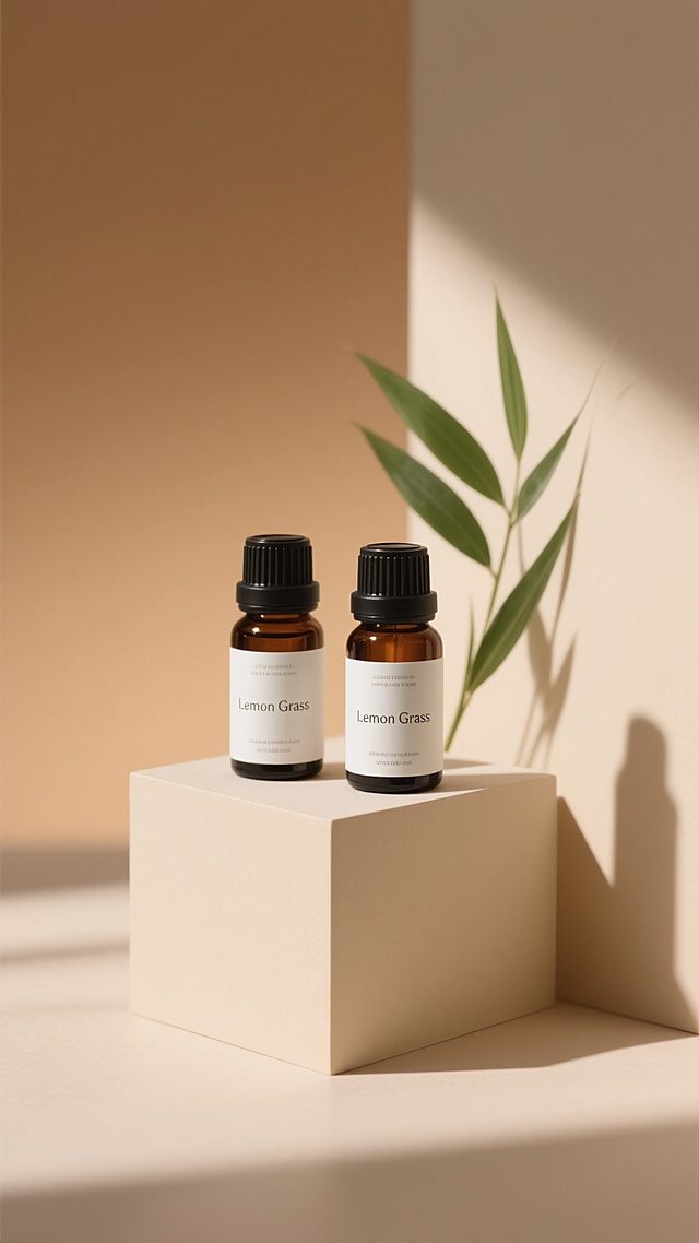 简约高级的产品展览场景，两个棕色玻璃精油瓶带有黑色瓶盖和白色标签，标签上有“Lemon Grass”字样，放置在米色几何造型展示台上，柔和的侧光投射出植物叶片的阴影，背景为温暖的米棕色渐变，整体呈现宁静自然的氛围，光影层次分明，质感细腻，极简主义风格，突出产品主体。
