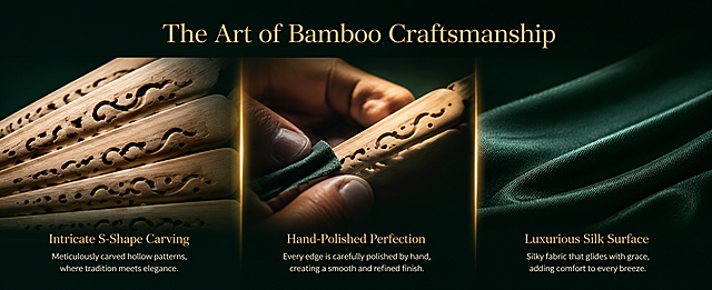 [电脑端第2张 · 61:25] Amazon Premium A+ Material & Craftsmanship Story — Jenck Bamboo Fan Heritage. 本张使用【图3】作为细节参考。
[氛围/风格] Wide cinematic craftsmanship story page, dark moody emerald green background, luxury product storytelling, macro detail meets narrative, artisanal and premium.
[元素布局] Three visual sections across wide banner: left section — macro close-up of S-shape hollow carved bamboo ribs showing intricate craftsmanship; center section — hand of artisan gently polishing bamboo edge (suggesting handcrafted process); right section — silky dark green fabric surface flowing with soft folds; each section separated by subtle vertical glow; bamboo texture, silk weave, carving pattern match input image details exactly.
[光影质感] Dramatic side lighting carving out bamboo texture, rim light on silk edges, warm spotlight on artisan hand, deep shadows creating luxury mood, chiaroscuro effect.
[配色色系] Background deep emerald green #0A1F14; highlights in warm gold #C9A962; bamboo natural light brown; silk dark green with subtle sheen; text warm off-white and gold.
[视角构图] Wide horizontal triptych layout, left macro detail, center narrative, right texture detail, balanced visual weight, reading flow: left to right storytelling progression.
[文字版式] Top center section title "The Art of Bamboo Craftsmanship" in elegant gold serif; below each section: subtitle "Intricate S-Shape Carving", "Hand-Polished Perfection", "Luxurious Silk Surface"; short descriptive line under each subtitle; all text in English, refined typography, no Chinese characters.
[比例分辨率] 61:25 wide ratio, width 2440, height 1000.
[负向提示词] deformed carving, wrong material, blurry texture, Chinese characters, watermark, cheap look, modern machinery, price tags, discount text, distorted bamboo.