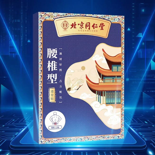 北京同仁堂腰椎型透骨贴产品展示图，将产品放在深蓝色渐变科技感背景中预览效果