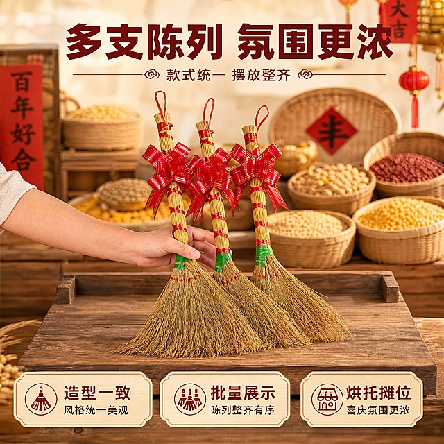 [商品] 使用【图2】三支小扫把斜款捆红绳组合；保留每支扫把的禾秆扫头、红绳捆扎、红色蝴蝶结、绿色束带、顶部挂绳、人物手部握持姿势；商品处理：保留三支扫把的排列与颜色，增强整体规整度，不改变单支结构。
[画面] 页面目标：多支组合陈列展示，体现批量摆放效果；构图：产品居中，三支扫把高低错落斜立摆放于木质展销台，人物手部从左侧轻扶中间一支；景别：中全景；产品角度：正面斜立；前中后景：前景木质台面、中景三支扫把主体、后景虚化的农产品摊位背景（五谷杂粮、竹编筐、红灯笼点缀）；阅读动线：顶部标题→中部多支产品→底部说明。
[视觉] 套系策略：风格=中式民俗喜庆商业摄影；标题字=阿里巴巴普惠体粗体；正文字=阿里巴巴普惠体常规体；主色=中国红+禾秆金黄；背景延展=基于暖木色与米杏色做深浅层级、同色渐变和质朴木纹/竹编质感；强调色=中国红，仅用于小面积图标、引线、标签和标题点缀；标题色=深棕红；正文色=深暖棕；组件=圆角木色信息卡、红绳引线、民俗纹样装饰；光影=左前侧暖柔光，右侧柔和补光。
[文字] 顶部主标题「多支陈列 氛围更浓」，副标题「款式统一 摆放整齐」，底部3个卖点：造型一致、批量展示、烘托摊位；文字横向排版，不遮挡扫把主体。
[规格] 图片比例1:1正方形，4K分辨率，负向提示：避免变形、错字、文字过小、冷蓝灰背景、天然/环保/原生态等极限词、淘宝平台违禁词、小标致图案、二维码、水印。