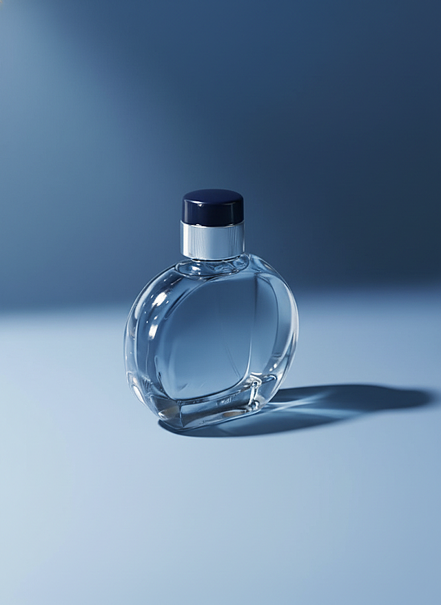 画面中心是主体，反光，玻璃质感，背景为渐变冷调蓝色，光线营造出柔和光束与阴影