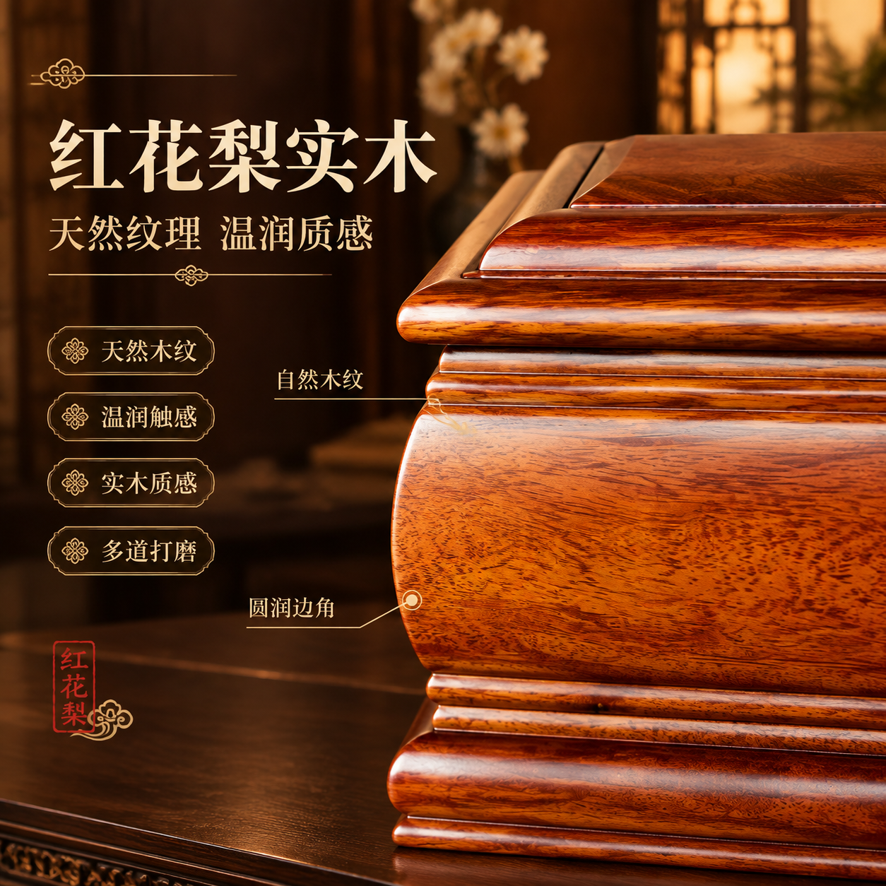 [主图-3] 材质细节·红花梨实木质感，展示木纹与材质品质。… - 图片创意预览