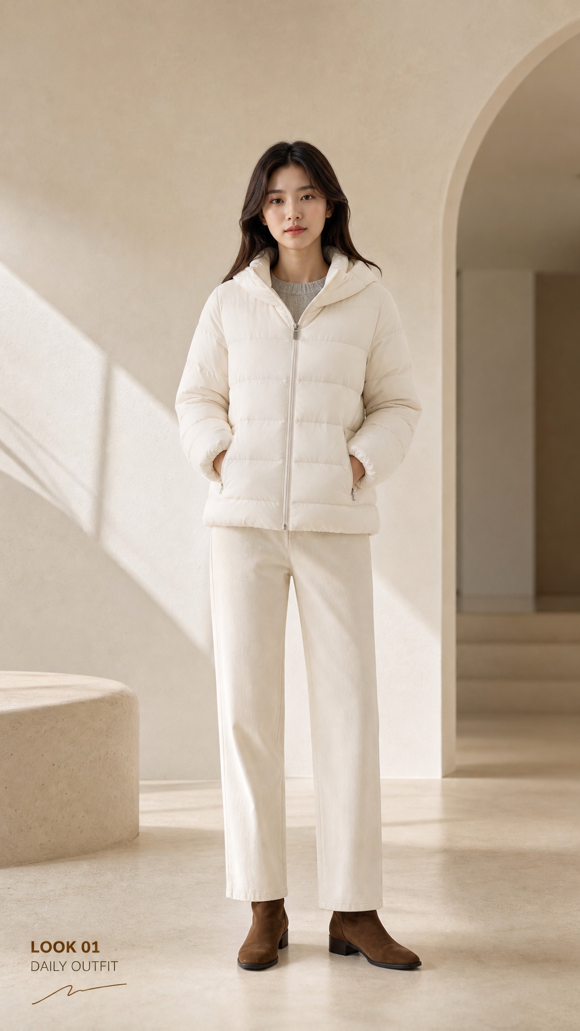 [商品] 使用【图1】奶白色连帽短款轻薄羽绒服；商品处理：保留… - 图片创意预览