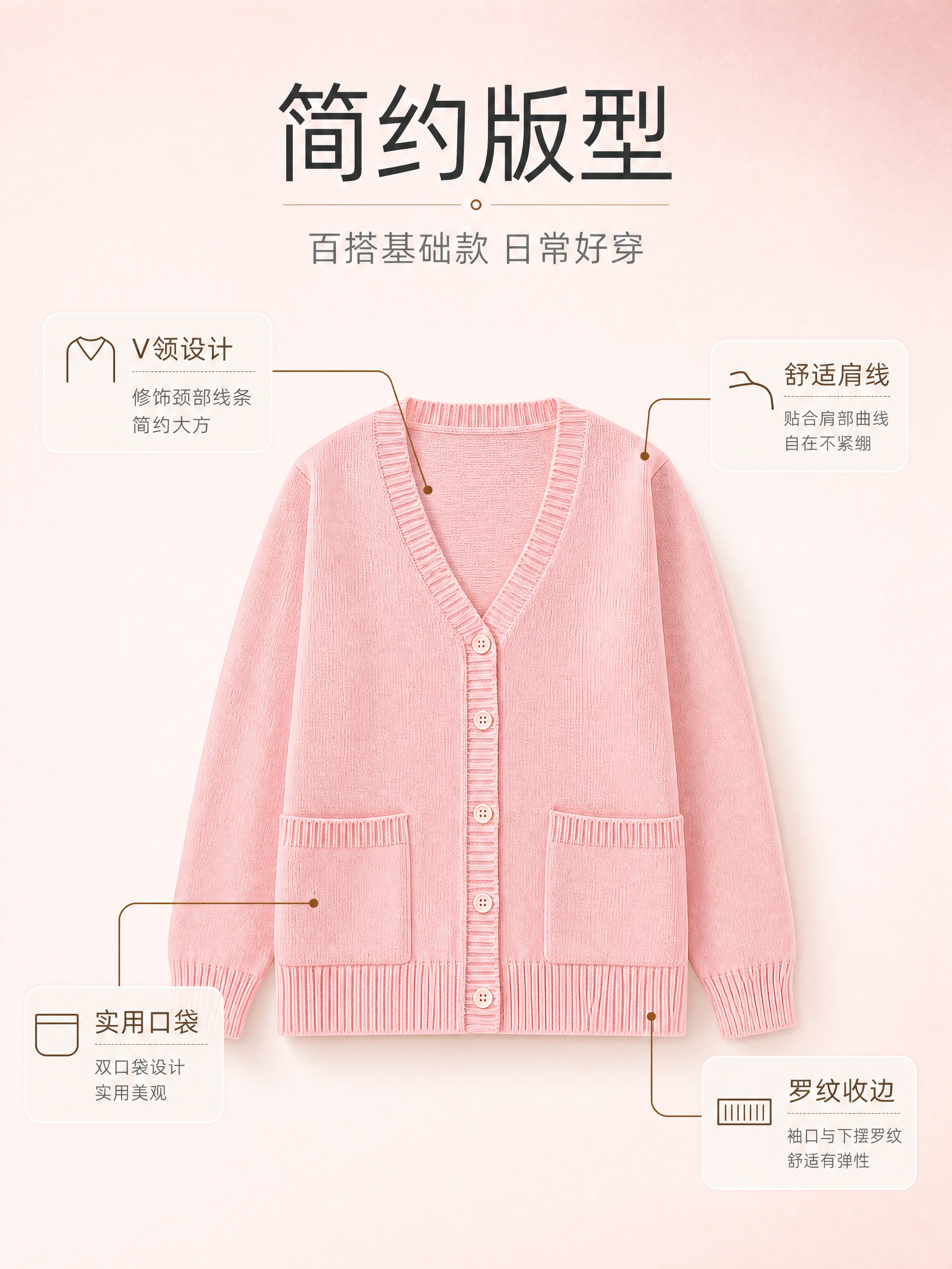 [商品] 使用【图1】粉色V领针织开衫毛衣；商品处理：保留V领… - 图片创意预览