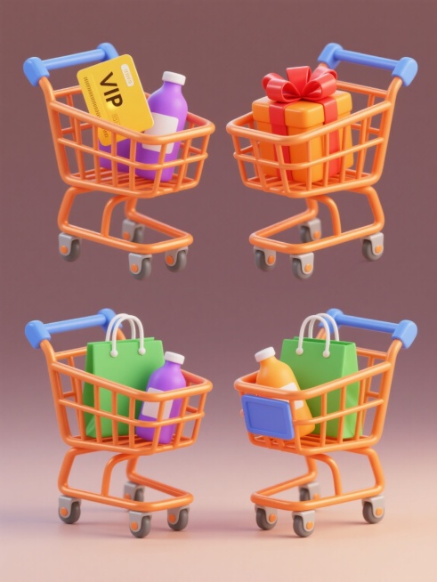 一套4个规整排布的电商营销素材，每个素材均为简约现代风格的3D渲染购物车，保持橙色金属质感车架、蓝色手柄和灰色滚轮的统一视觉特征，购物车内分别装载不同组合的彩色购物元素（如黄色VIP卡片、带红色蝴蝶结的橙色礼盒、绿色购物袋、紫色瓶装物品等），整体光影柔和，采用纯色背景，无任何文字、logo或水印，构图均衡，色彩明快，营造出活泼的电商促销氛围。预览效果