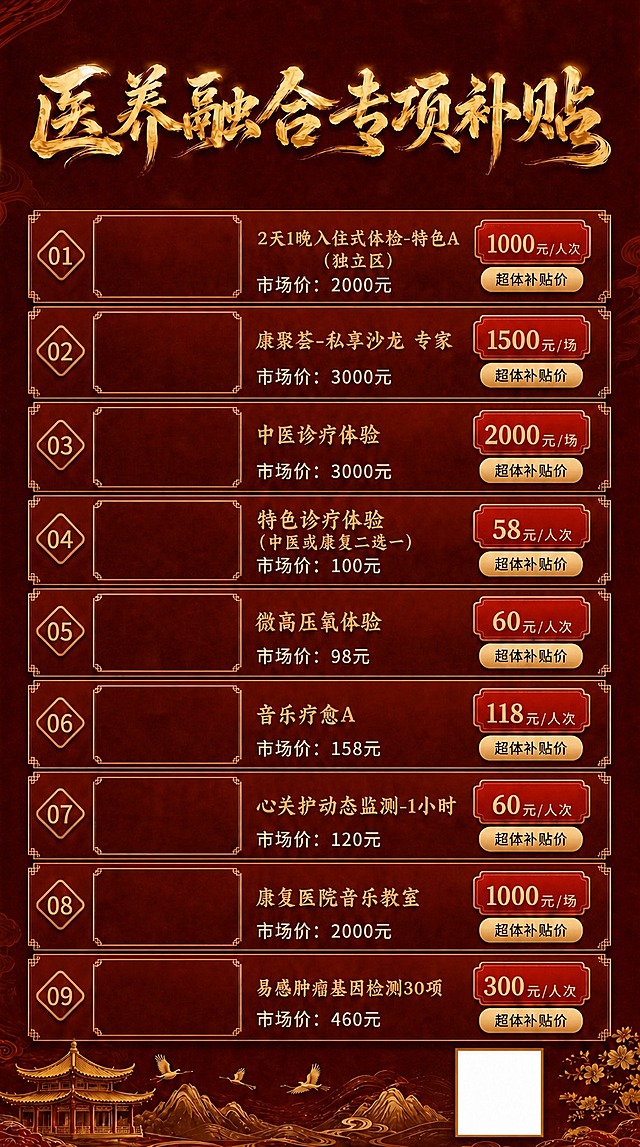 去除标题"医养融合专项补贴"正下方的装饰横线框及其两端的装饰花纹，该区域留空与背景融合自然，其余所有元素包括标题、9个产品模块、价格、市场价文字、底部山水古建筑装饰、右下角二维码占位框等均保持完全不变，整体红金国潮风格统一