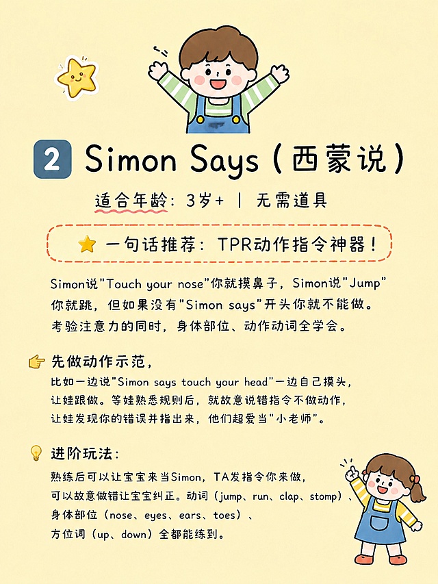 小红书英语启蒙游戏介绍图，使用和参考图同样的淡黄色背景、可爱卡通手绘风格，保持文案排版结构一致，不要删减任何文案内容。顶部添加可爱卡通小孩插画，保留小星星emoji装饰元素，虚线框装饰推荐语位置。完整保留所有文案：
2️⃣ Simon Says（西蒙说）
适合年龄：3岁+｜无需道具
一句话推荐：TPR动作指令神器！
Simon说"Touch your nose"你就摸鼻子，Simon说"Jump"你就跳，但如果没有"Simon says"开头你就不能做。考验注意力的同时，身体部位、动作动词全学会。
👉 先做动作示范，比如一边说"Simon says touch your head"一边自己摸头，让娃跟做。等娃熟悉规则后，就故意说错指令不做动作，让娃发现你的错误并指出来，他们超爱当"小老师"。
💡 进阶玩法：熟练后可以让宝宝来当Simon，TA发指令你来做，可以故意做错让宝宝纠正。动词（jump、run、clap、stomp）、身体部位（nose、eyes、ears、toes）、方位词（up、down）全都能练到。
保持画面干净清晰，文字完整可读，排版层级和参考图一致，配色使用和参考图一致的淡黄色背景+黑色文字+彩色点缀，右下角添加一个可爱小孩插画，风格可爱亲子风。图生图，参考图：【图1】，沿用其色调、版式、插画风格。
