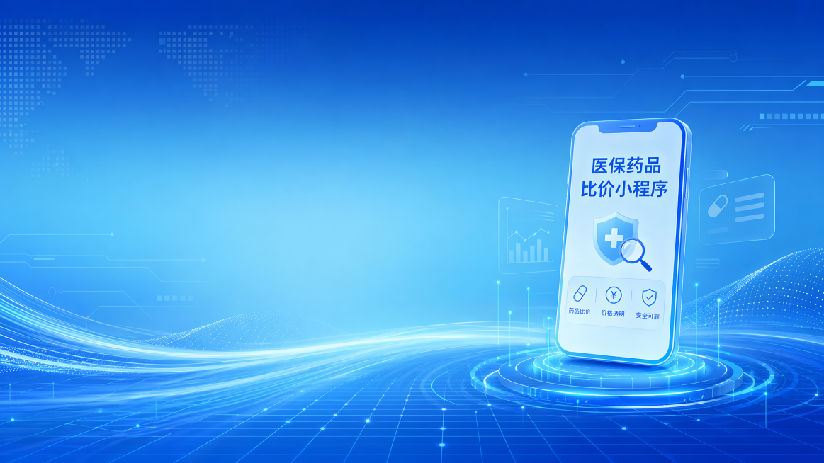 蓝色科技风PPT背景图片，主题是医保药品比价小程序，整体采用蓝色渐变科技背景，带有抽象的电子数据线条和网格纹理，整体干净简洁适合作为PPT背景，16:9比例预览效果
