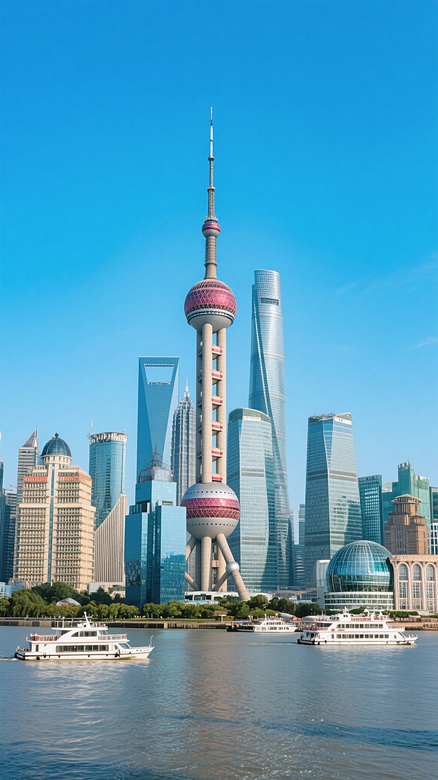 上海陆家嘴天际线全景，以东方明珠电视塔为视觉中心，其独特的球体结构与红色装饰带清晰可见，周围环绕上海环球金融中心、上海中心大厦等现代化摩天大楼群，建筑细节丰富，玻璃幕墙反射蓝天。黄浦江横亘前景，江面上有几艘白色游船平稳行驶，水面波光粼粼。整体采用写实摄影风格，色彩明快，以蓝色天空为背景，光线明亮柔和，呈现出晴朗白天的通透感。构图遵循三分法，建筑群占据画面主体，江面与天空形成自然分割，展现出上海作为国际化大都市的繁华与现代气息。