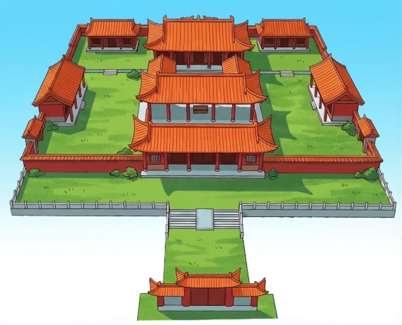 将图片的四边改成围墙，把中间的水泥地改成草坪，保持原有中式古建筑的风格不变预览效果