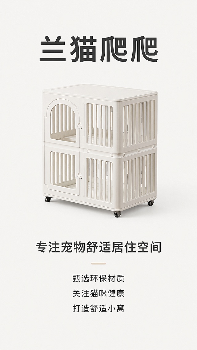 [第9屏] 品牌信息展示，兰猫爬爬品牌理念展示。本屏使用【图1】作为产品主体。
[氛围/风格] 简约品牌风，干净高级，突出品牌定位
[元素布局] 产品缩小放在画面中上位置，占比约40%，上方展示品牌名称「兰猫爬爬」，下方展示品牌设计理念文案，背景简约浅色调，整体排版干净大气
[光影质感] 均匀柔光，整体干净明亮，品牌文字清晰
[配色色系] 全局底色 #F5F5F5；主色米白色猫笼，深灰色品牌文字，简约干净
[视角构图] 中心对称构图，产品居中，品牌信息上下分布，整体平衡
[文字版式] 上方品牌名称大字「兰猫爬爬」，下方副标题「专注宠物舒适居住空间」，再下方三句品牌理念：「甄选环保材质 关注猫咪健康 打造舒适小窝」，排版整齐，文字清晰
[比例分辨率] 9:16 竖版比例，4K分辨率，文字清晰可辨，高清画质
[负向提示词] 产品变形，文字错乱，水印，杂乱背景